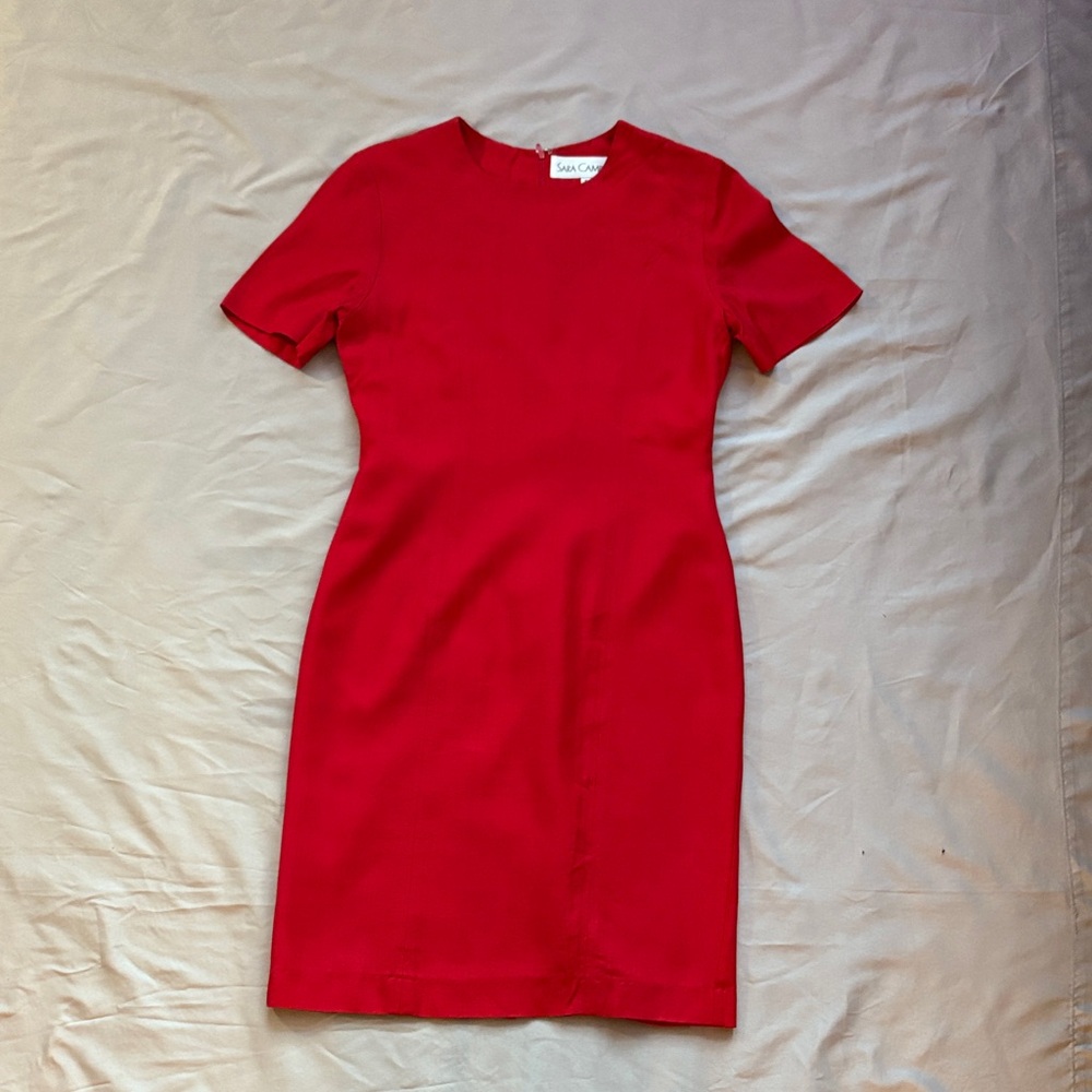 Sara Campbell Red Linen Sheath Dress Fully Lined Short Sleeve Size 6